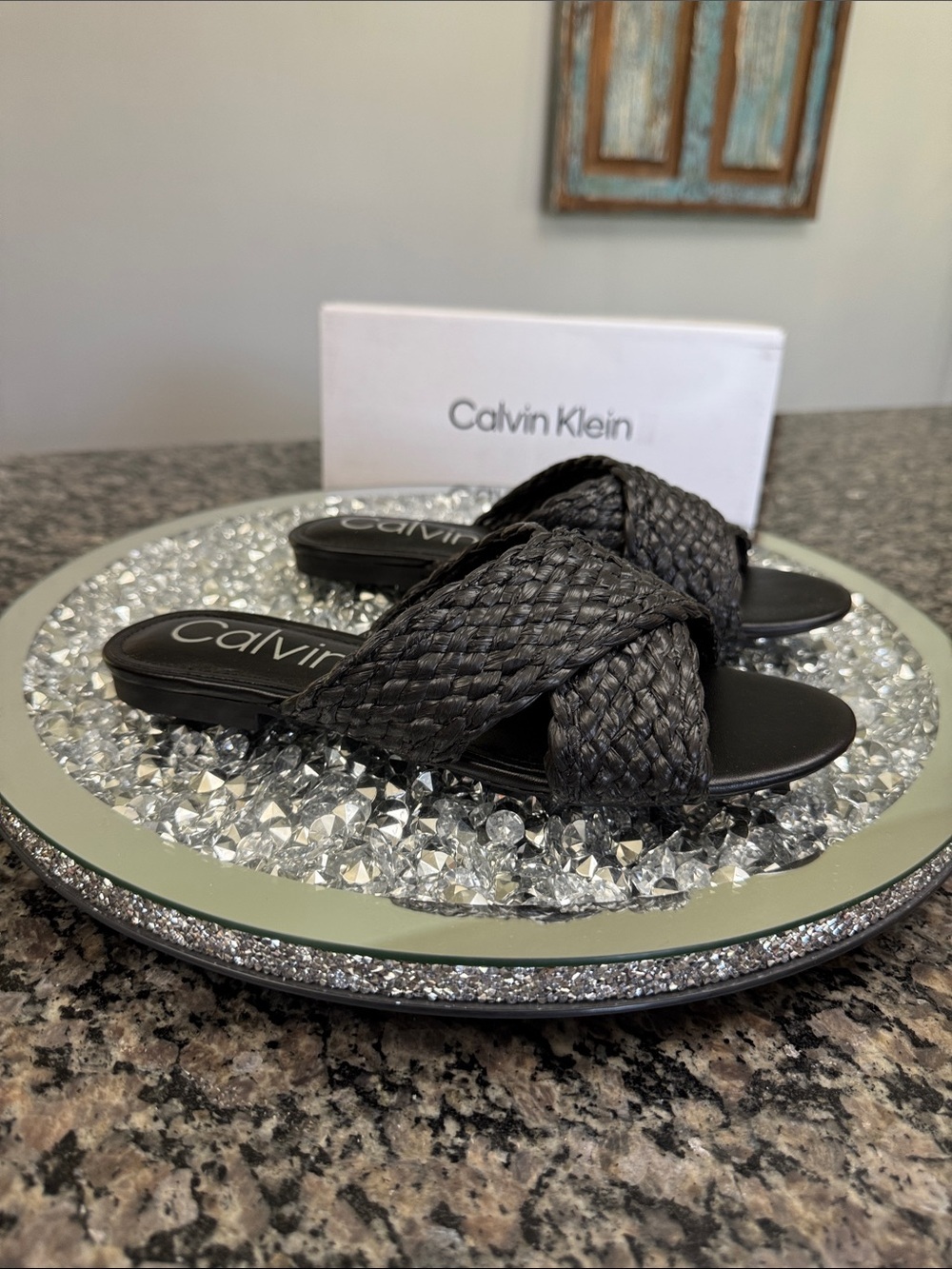 Calvin Klein Black Braided Cross-Strap Slide Sandals NEW 7.5